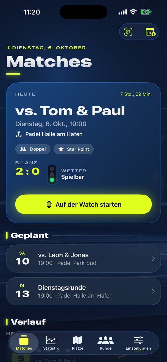 Home screen with the next match, countdown and record