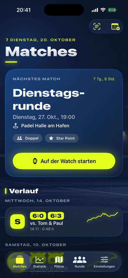 Startseite mit dem nächsten Match, Countdown und Bilanz