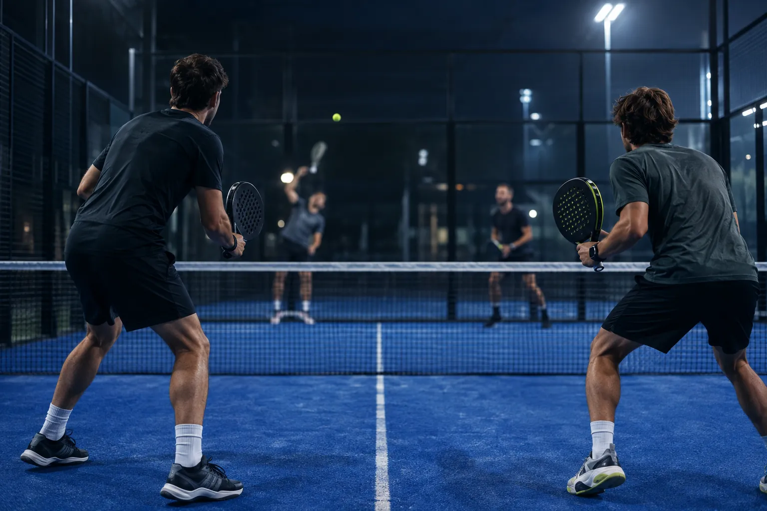 Doubles partners at the net in ready position