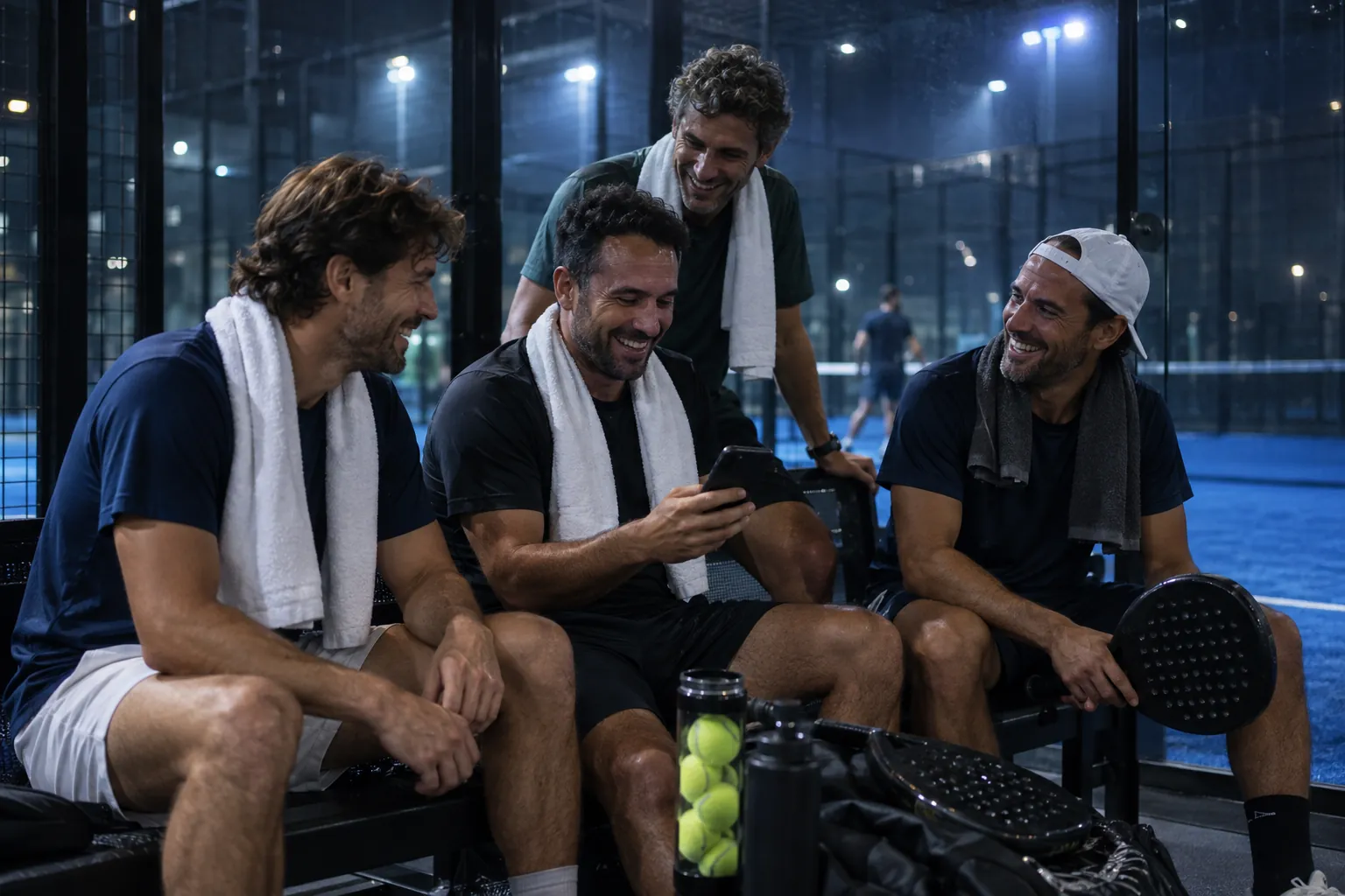 Four friends laughing on the bench after a match